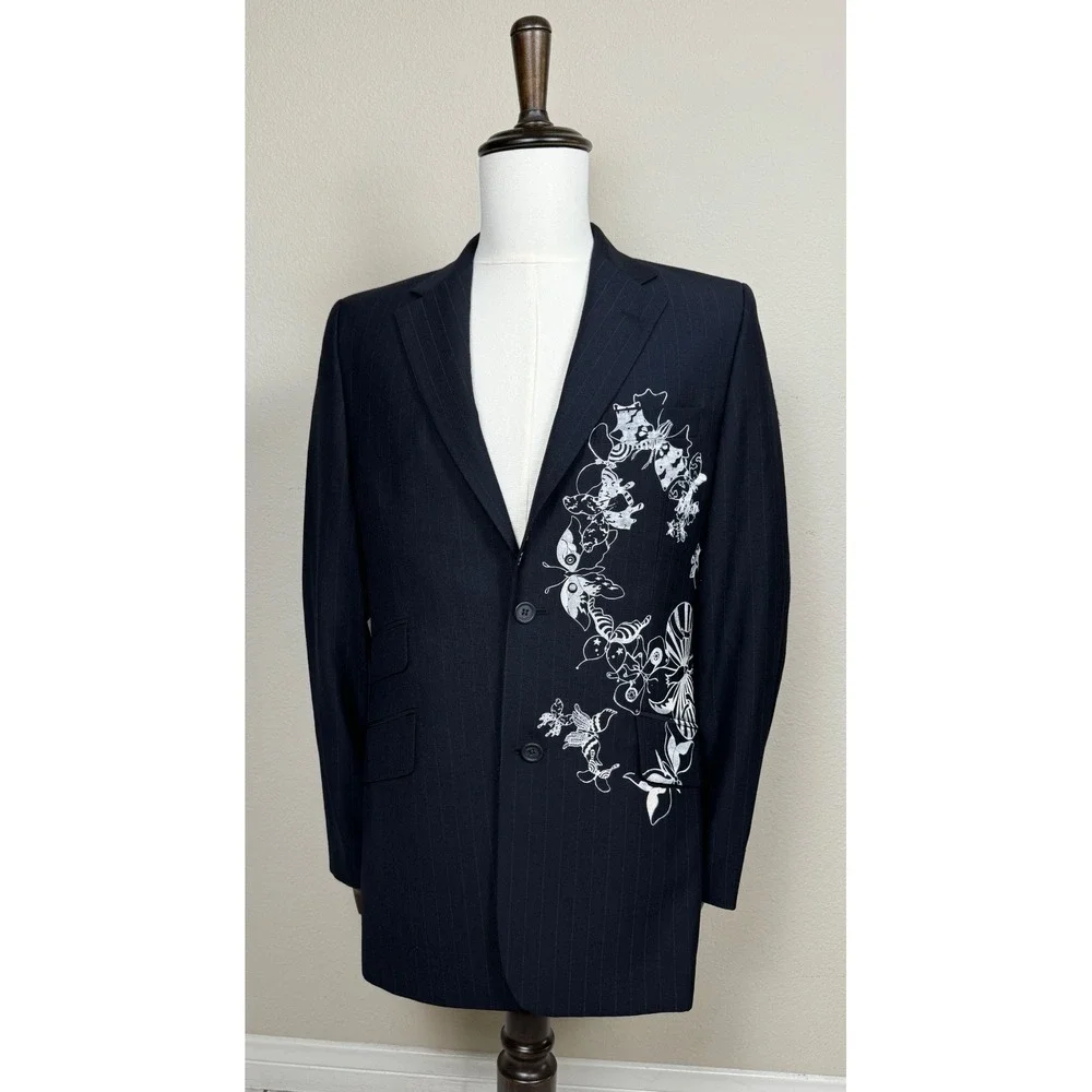 Topman Men's 38 black Pinstripe Graphic Art Blazer Wool Blend Statement 3144